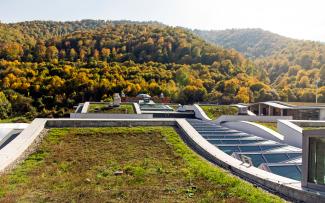 The ZinCo system build-up with Floradrain® FD 40-E ensures that the grass sods of the “Armenian Meadow” will take root and continue to grow. © Danil Kolodin / Tim Flynn architects Extensive green roofs with glass roof areas